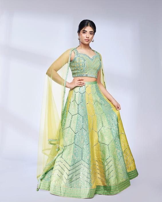 Twamev Women Yellow and Pista Green Bel Buti Hexagon Patterned Skirt Top