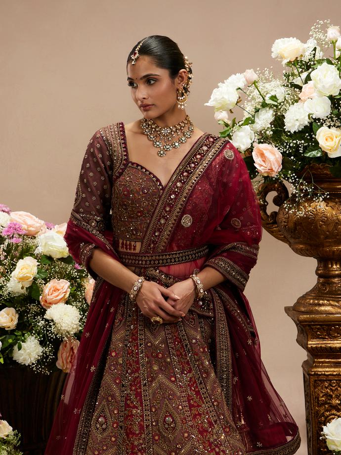 Twamev Women Maroon Red Jhallar Patterned Lehenga with Peacock And Pillow Trim Latkans