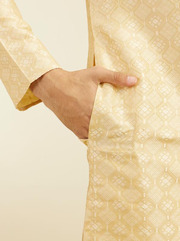Diwas Men Sand Beige Grid Patterned Kurta with Embroidered Neckline
