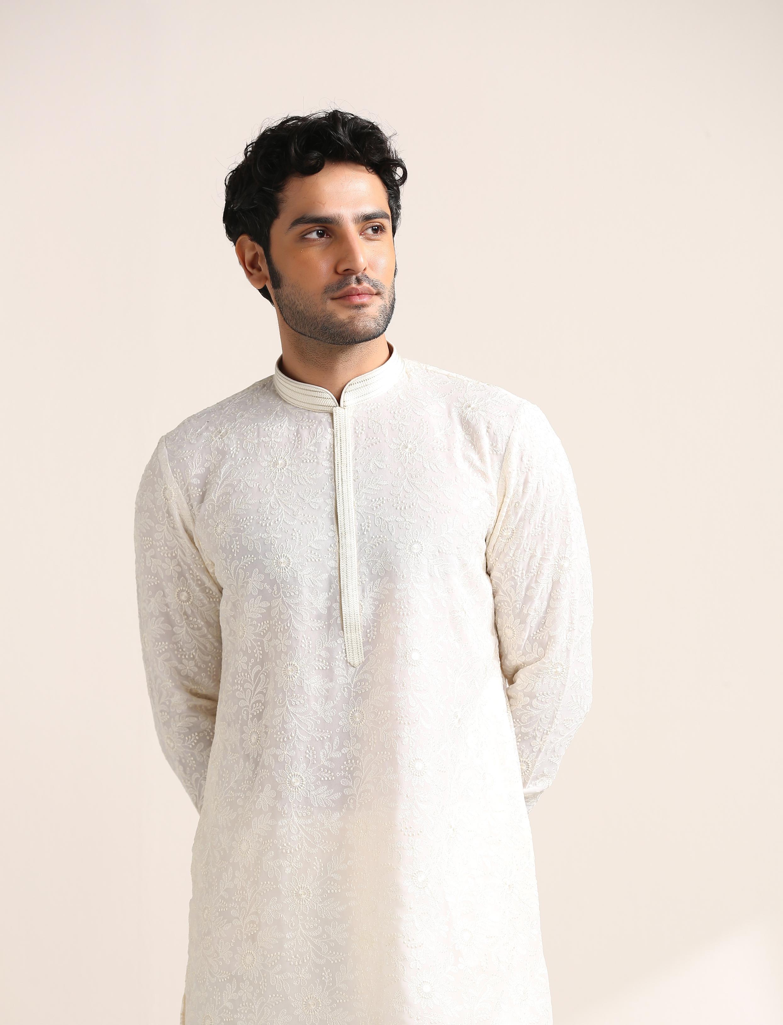 Twamev Men Cream White Chikankari Embroidered Kurta Set