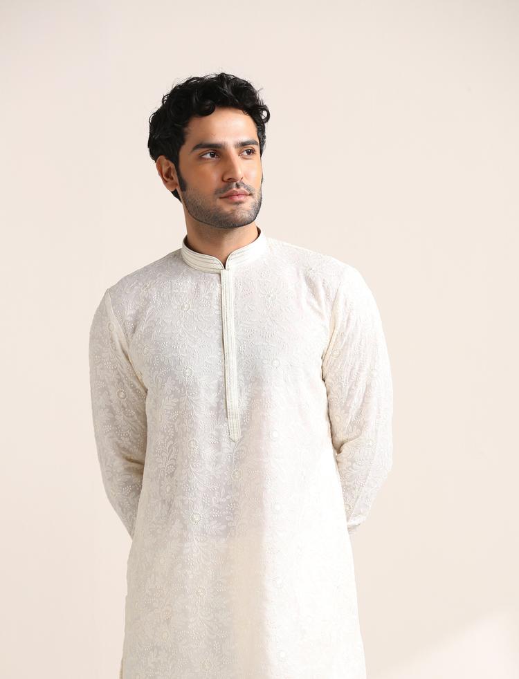 Twamev Men Cream White Chikankari Embroidered Kurta Set