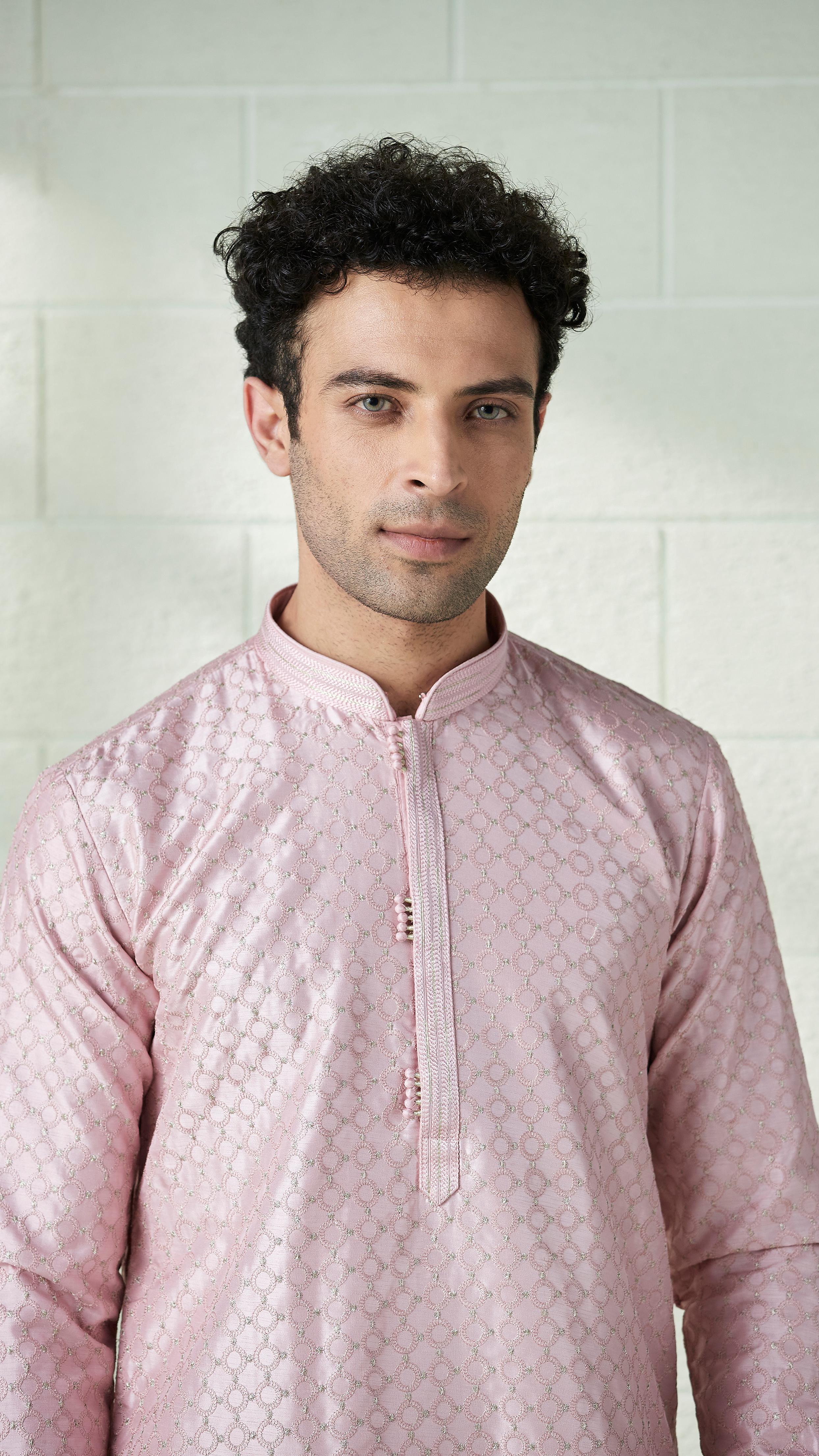 Twamev Men Blush Pink Self Motif Kurta Set
