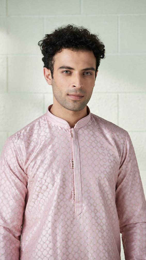 Twamev Men Blush Pink Self Motif Kurta Set