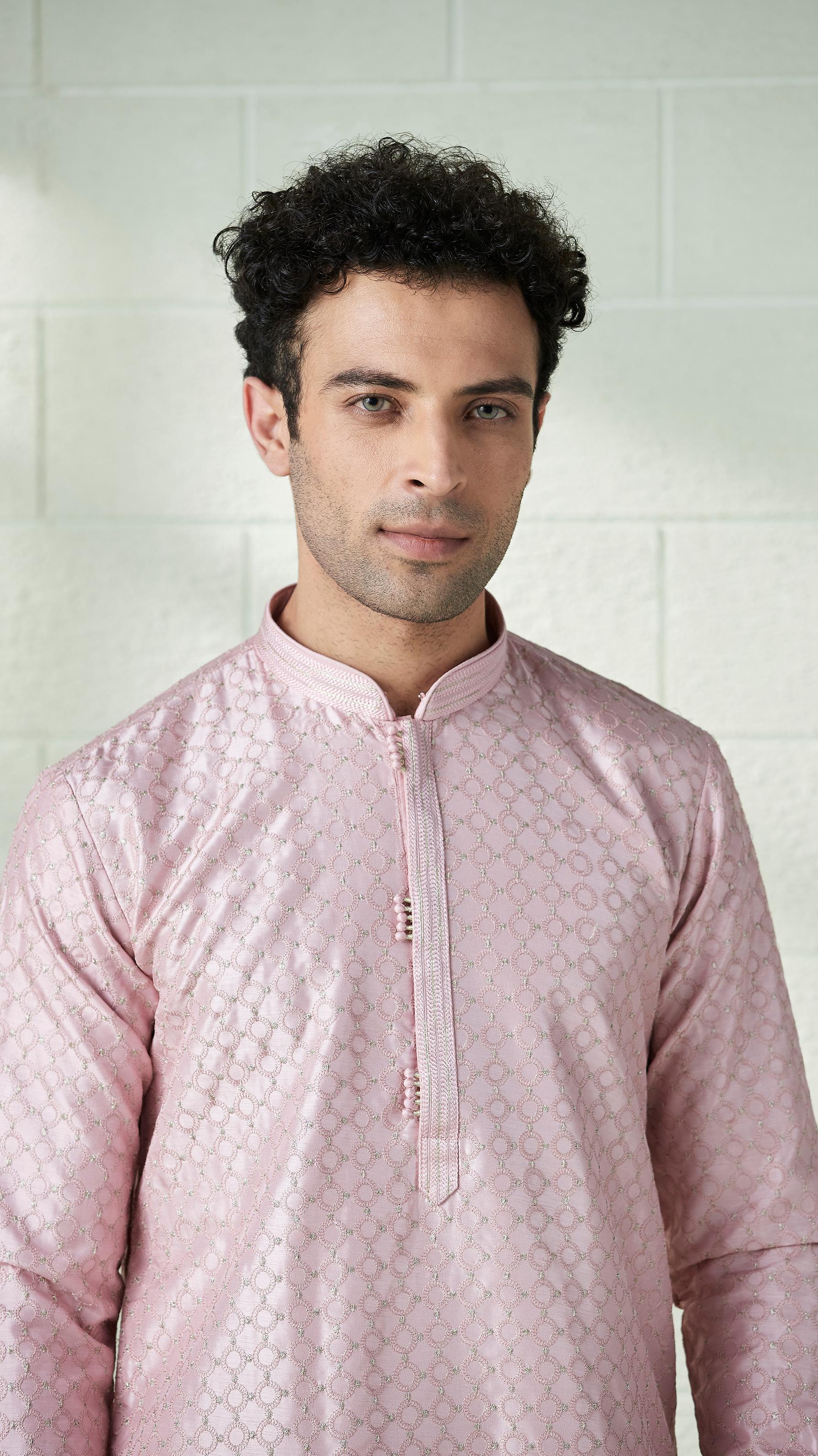 Twamev Men Blush Pink Self Motif Kurta Set