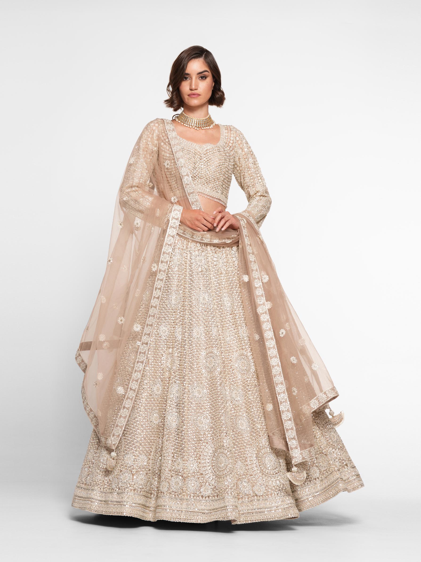 Twamev Women Beige Regalia Net Skirt Top Set