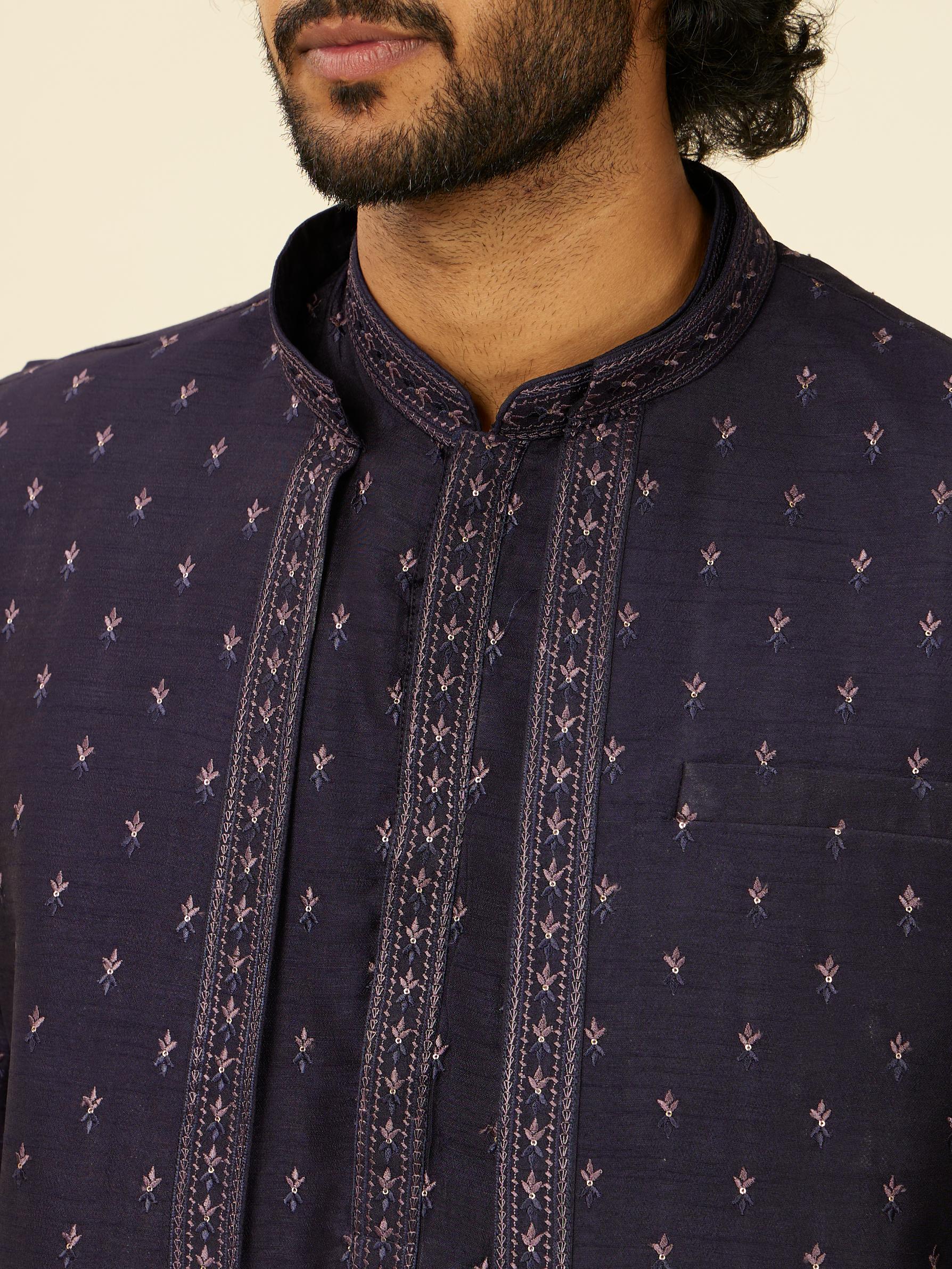 Twamev Men Dark Blue Buta Patterned Kurta Jacket Set