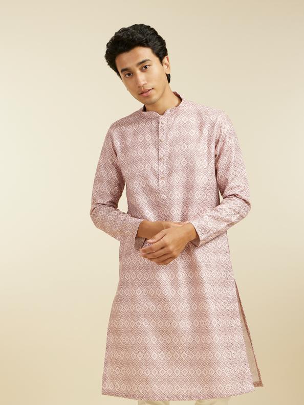 Diwas Men Baby Pink Grid Printed Kurta