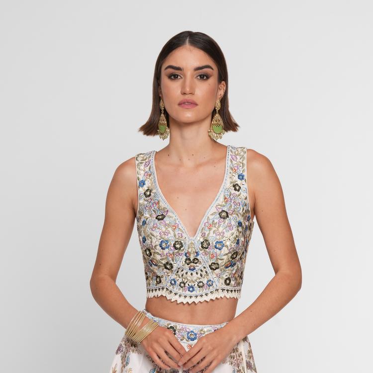 Twamev Women Cream Skirt Top Ensemble with Zardozi Work Skirt Top