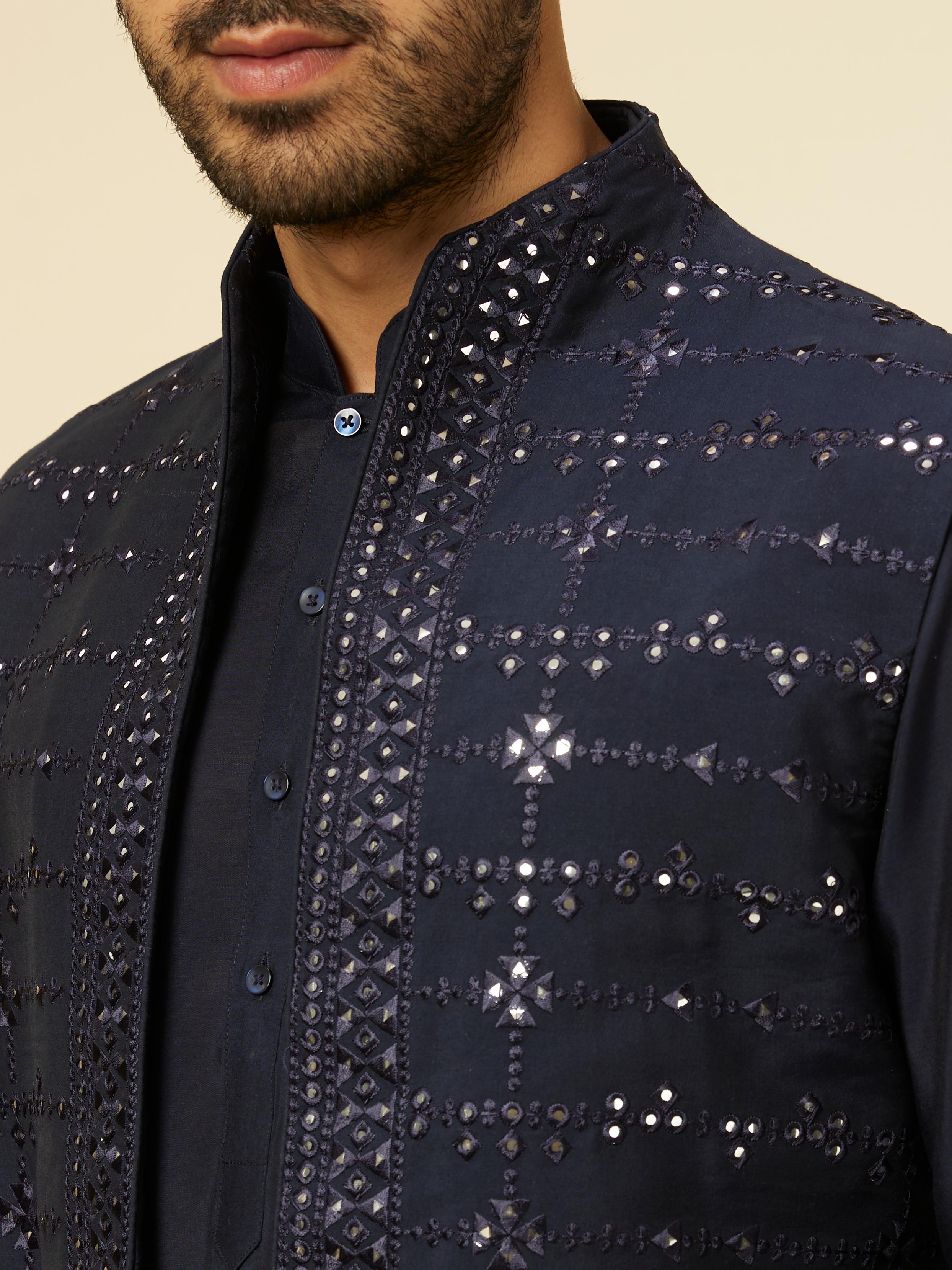 Twamev Men Dark Blue Self Mirror Patterned Kurta Jacket Set