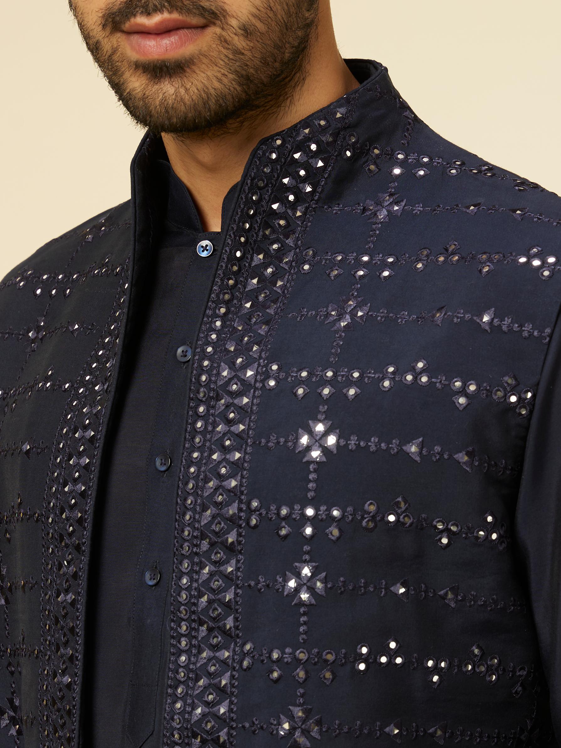 Twamev Men Dark Blue Self Mirror Patterned Kurta Jacket Set