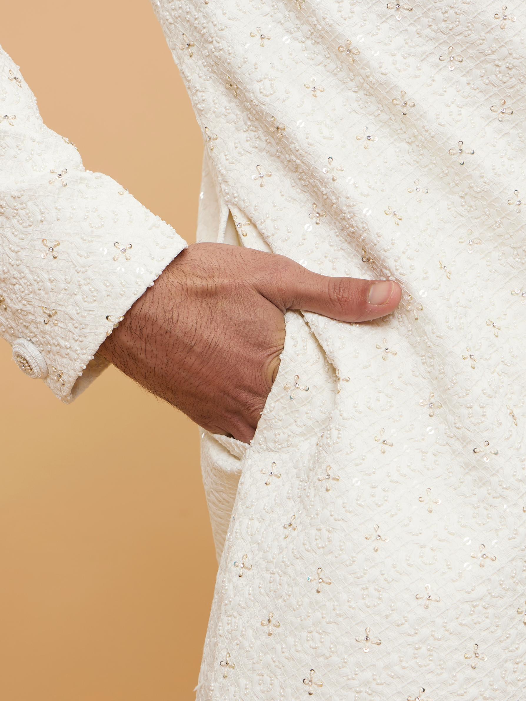 Twamev Men Warm White Jaal Patterned Sequinned Indo Western Set