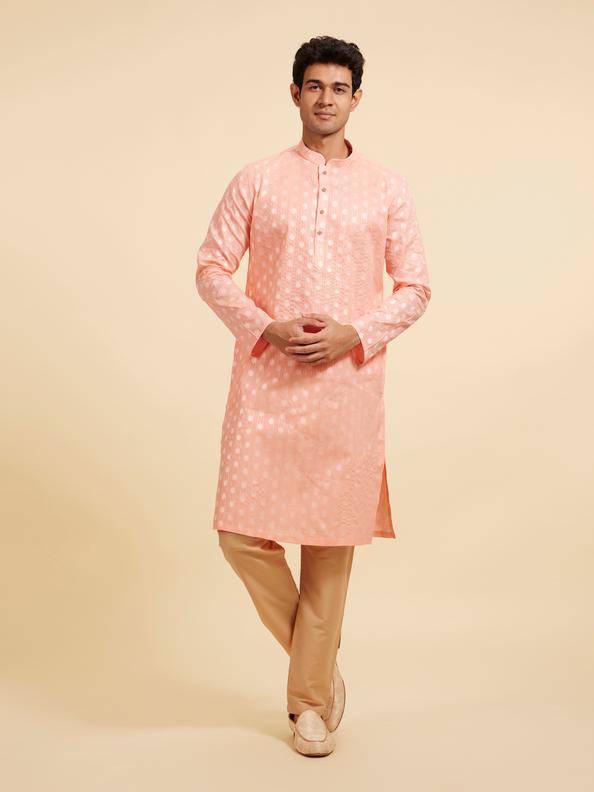 Diwas Men Coral Peach Striped and Oval Patterned Kurta