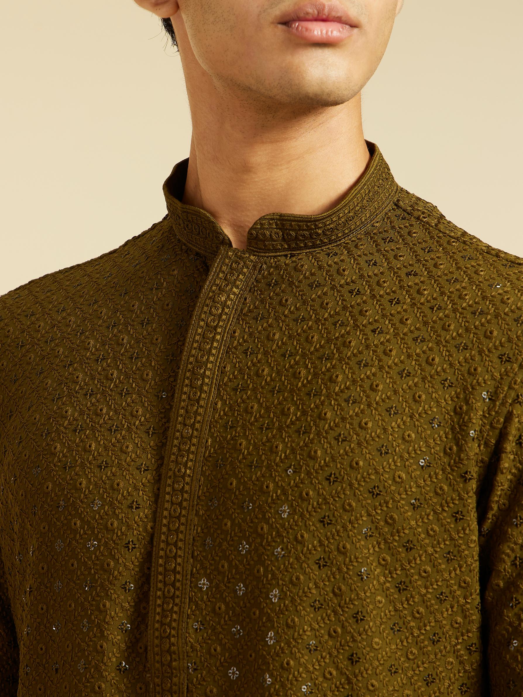 Diwas Men Olive Green Chikankari Kurta with Sequin