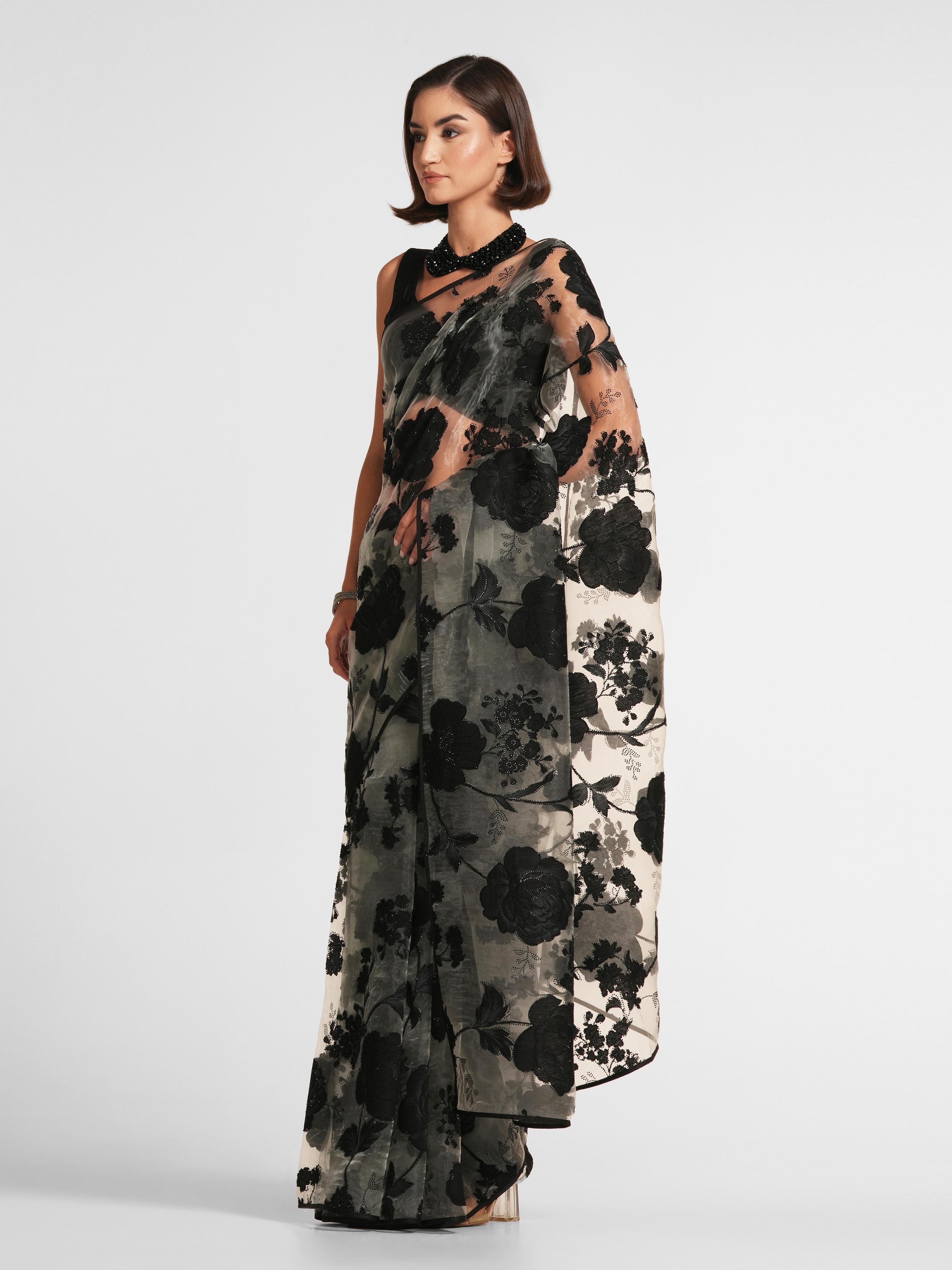 Twamev Women Black Night Elegance Organza Saree