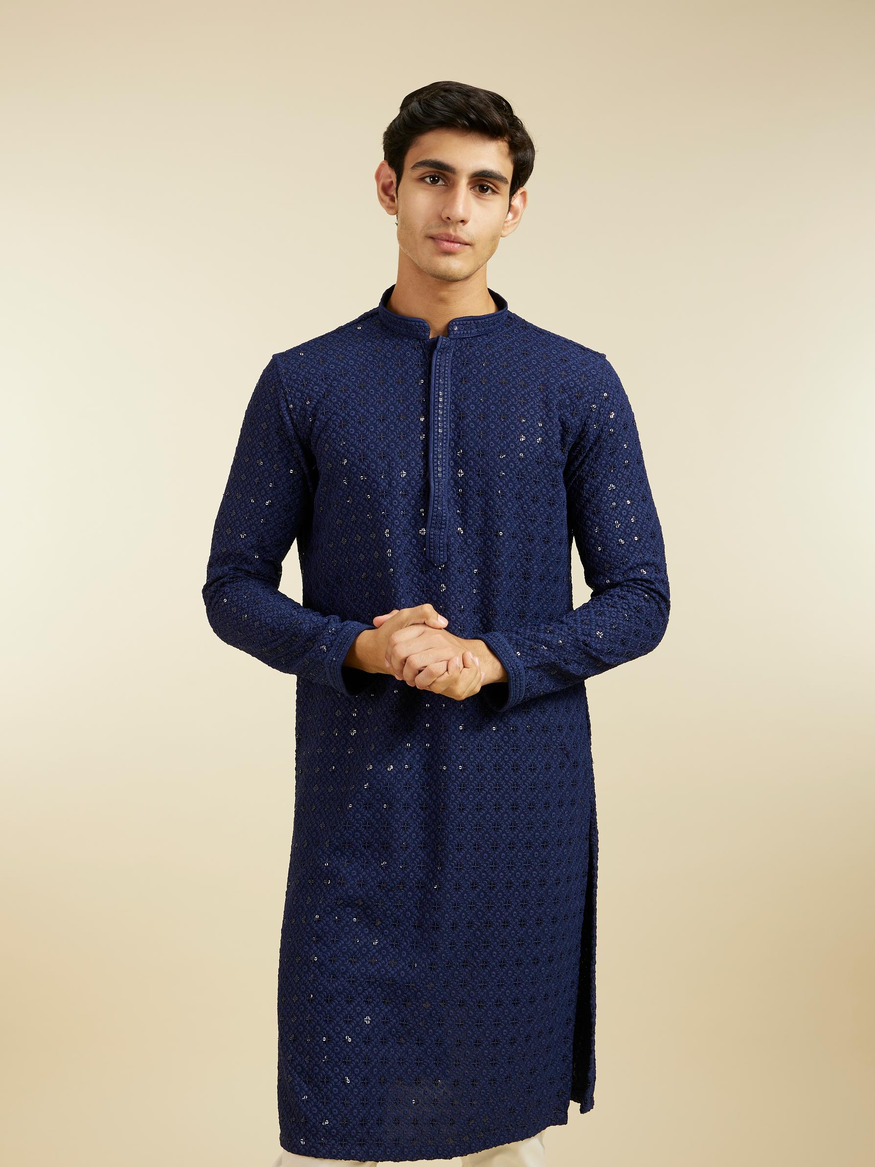 Diwas Men Navy Blue Chikankari Kurta with Sequin
