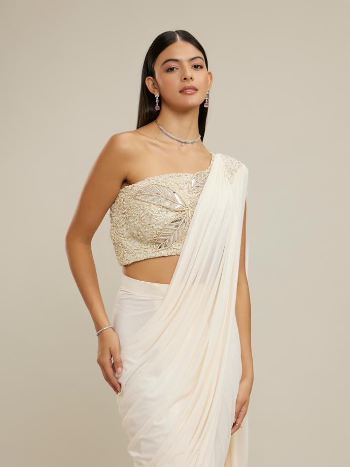 Twamev Women Cream Net-Lycra Festive Saree