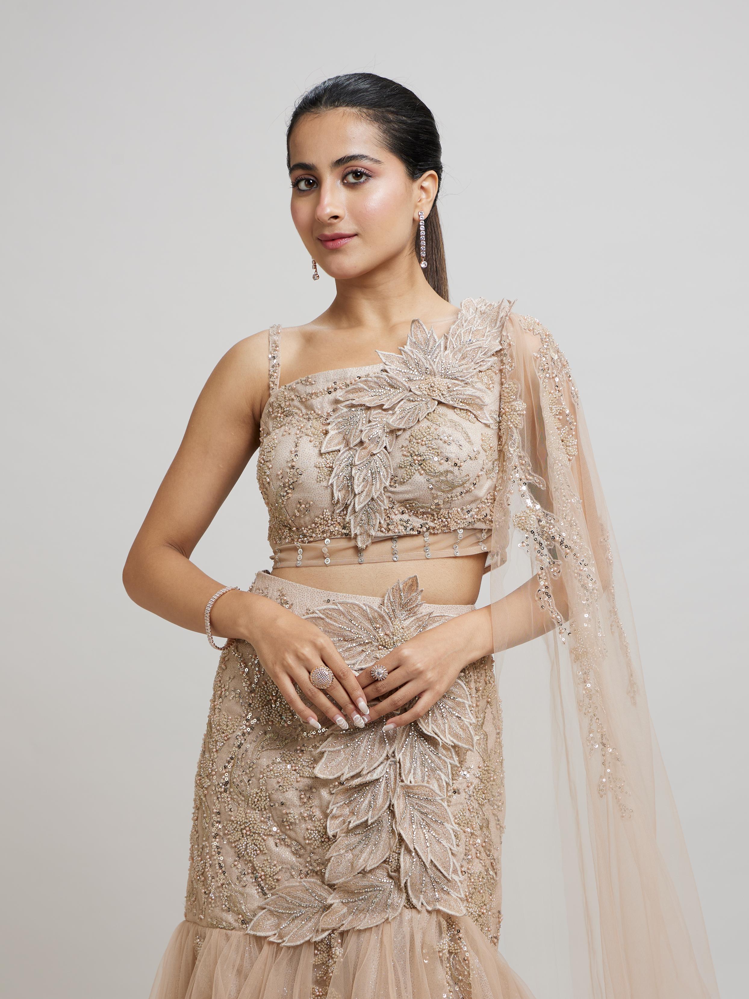Twamev Women Beige Elegance Net Lehenga