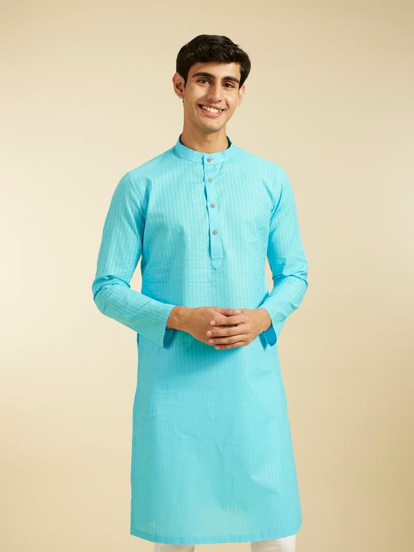 Diwas Men Maya Blue Self Striped Patterned Kurta