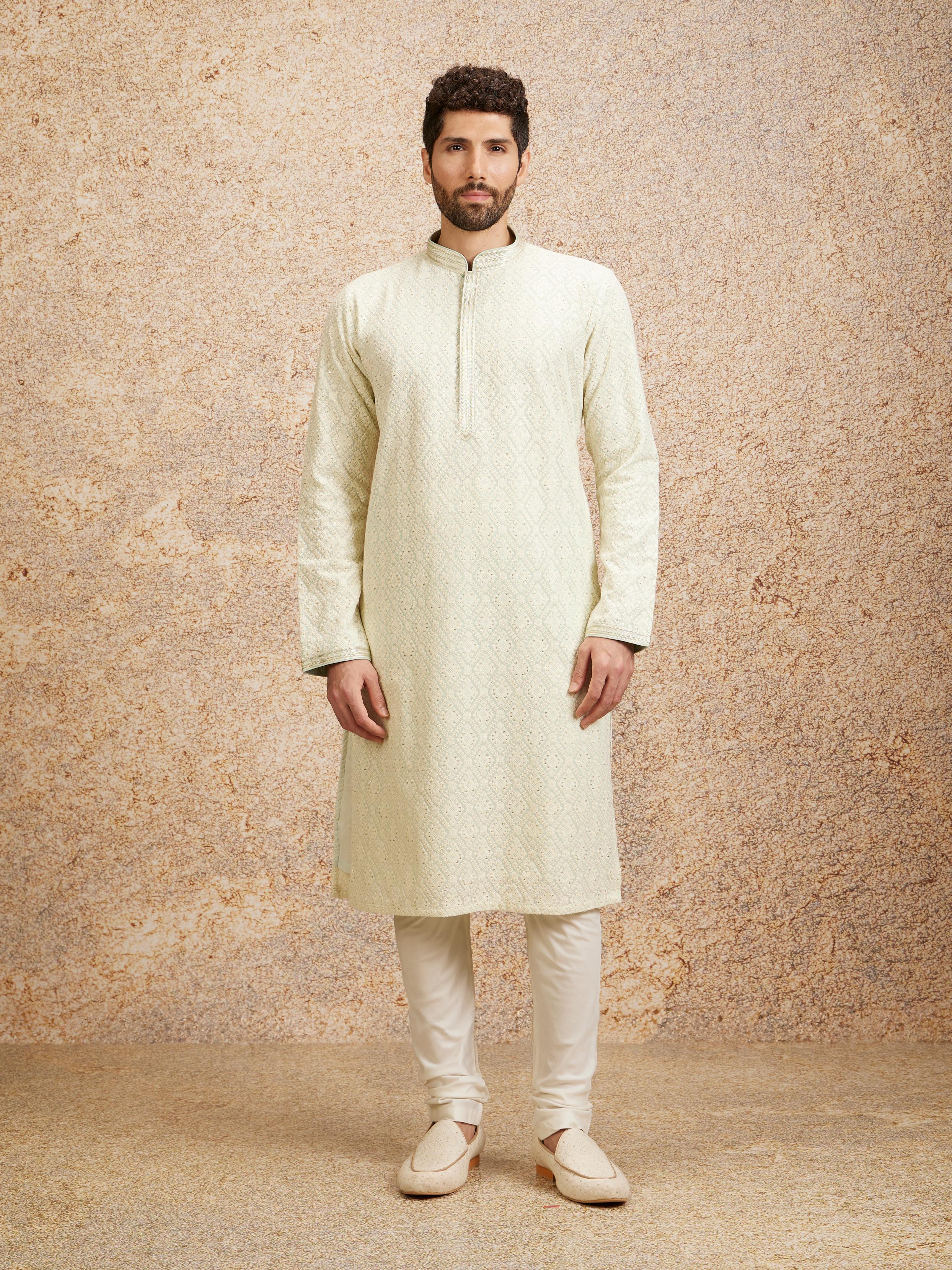 Twamev Men Pista Green Chikankari Kurta Set