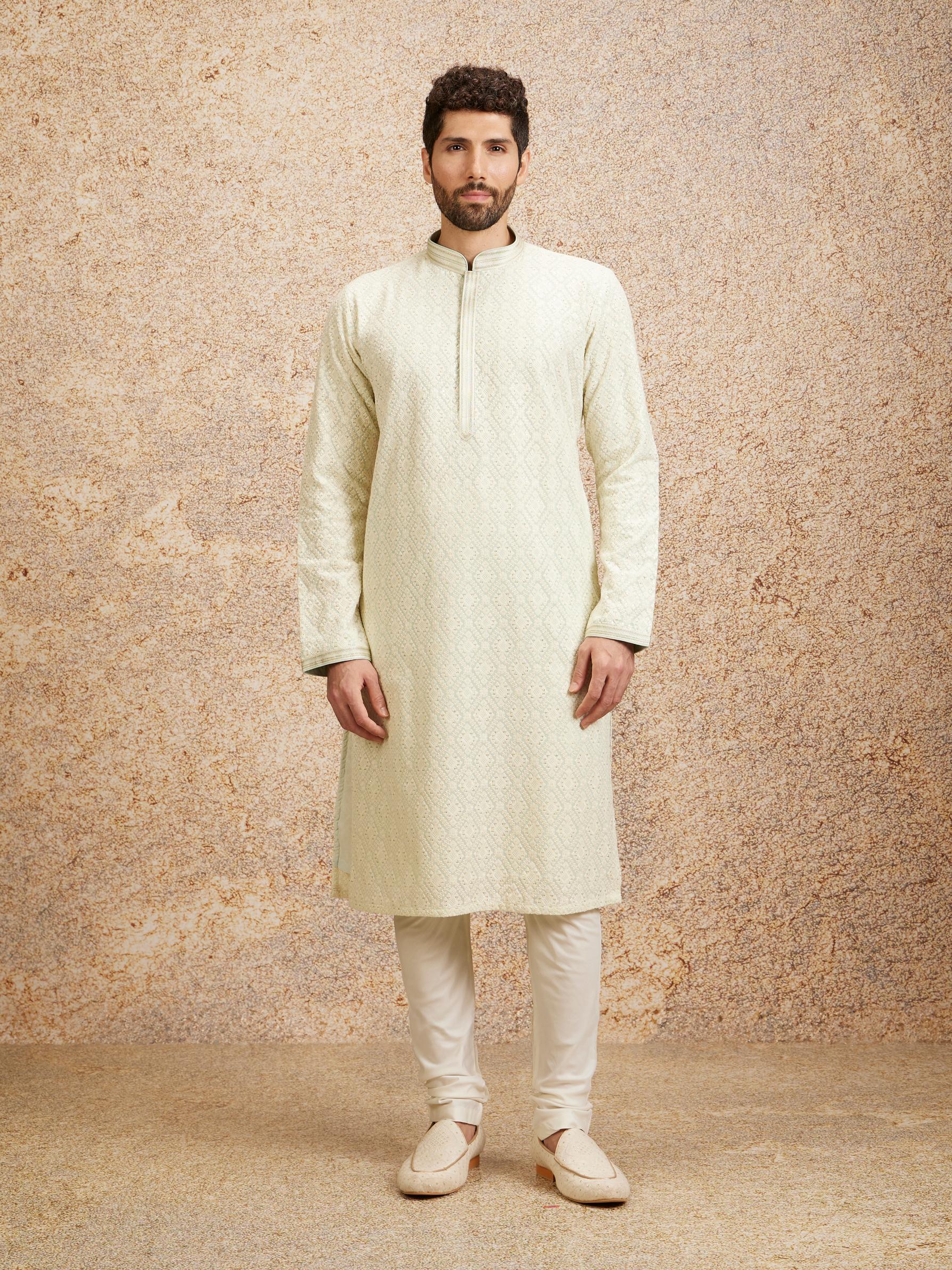 Twamev Men Pista Green Chikankari Kurta Set