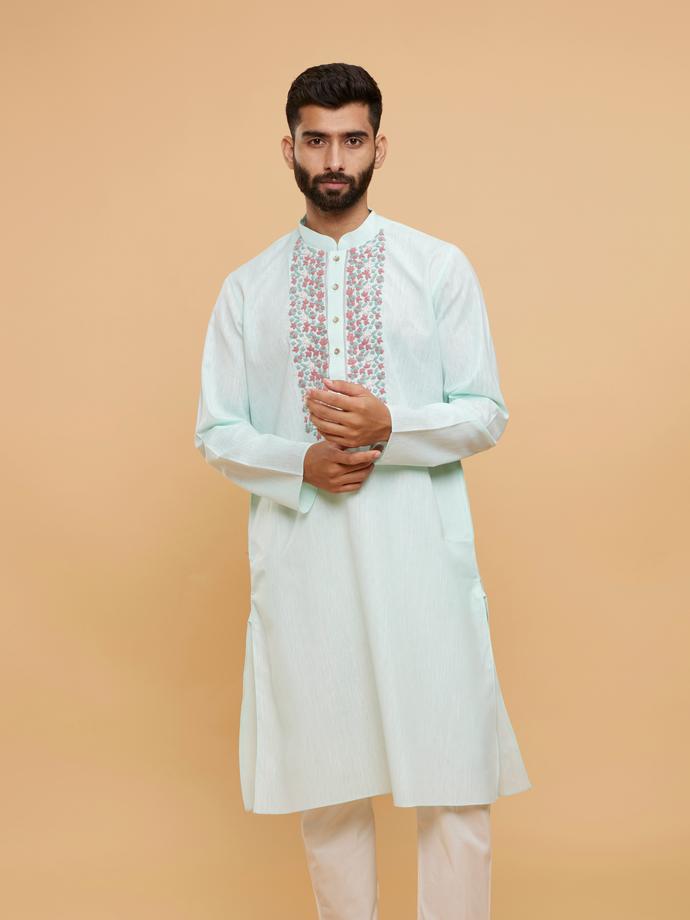 Twamev Men Aqua Green Blended Cotton Kurta Pajama Set