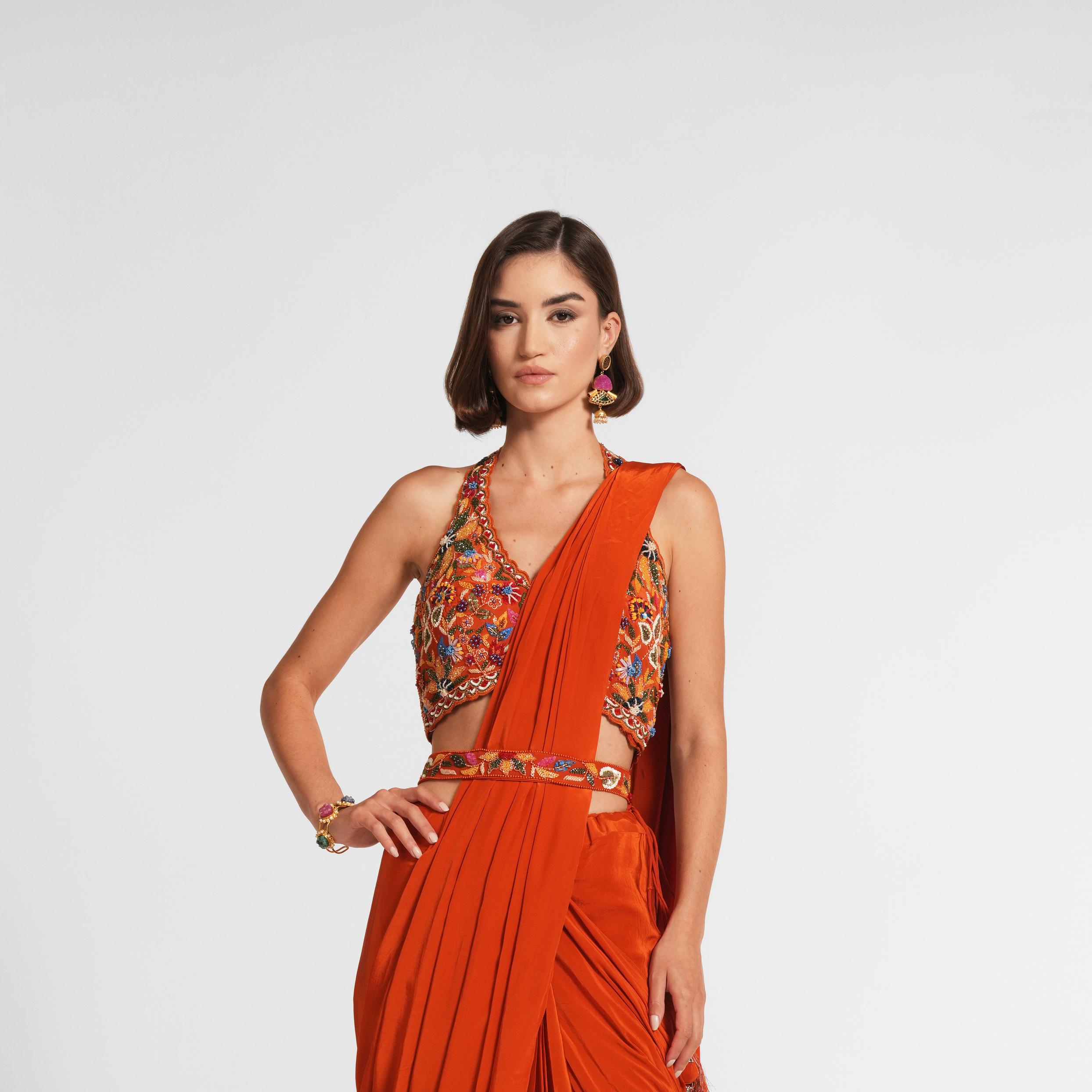 Twamev Women Radiant Orange Satin Saree