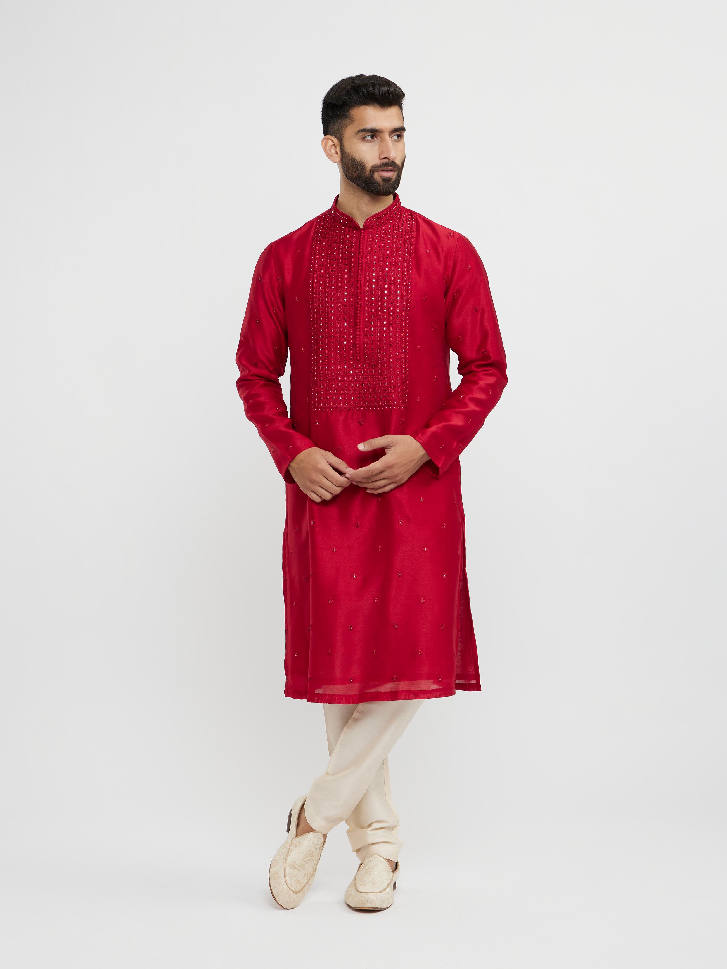 Twamev Men Twilight Gleam Red Kurta Pajama