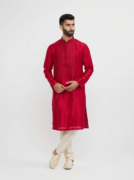 Twamev Men Twilight Gleam Red Kurta Pajama
