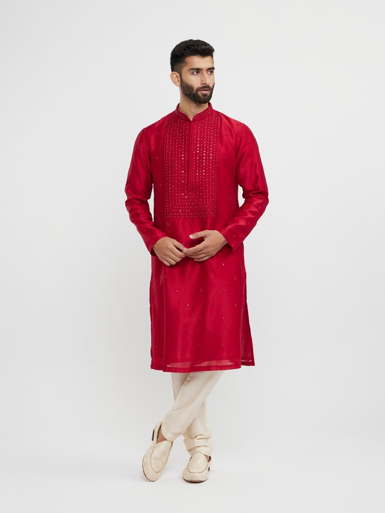 Twamev Men Twilight Gleam Red Kurta Pajama