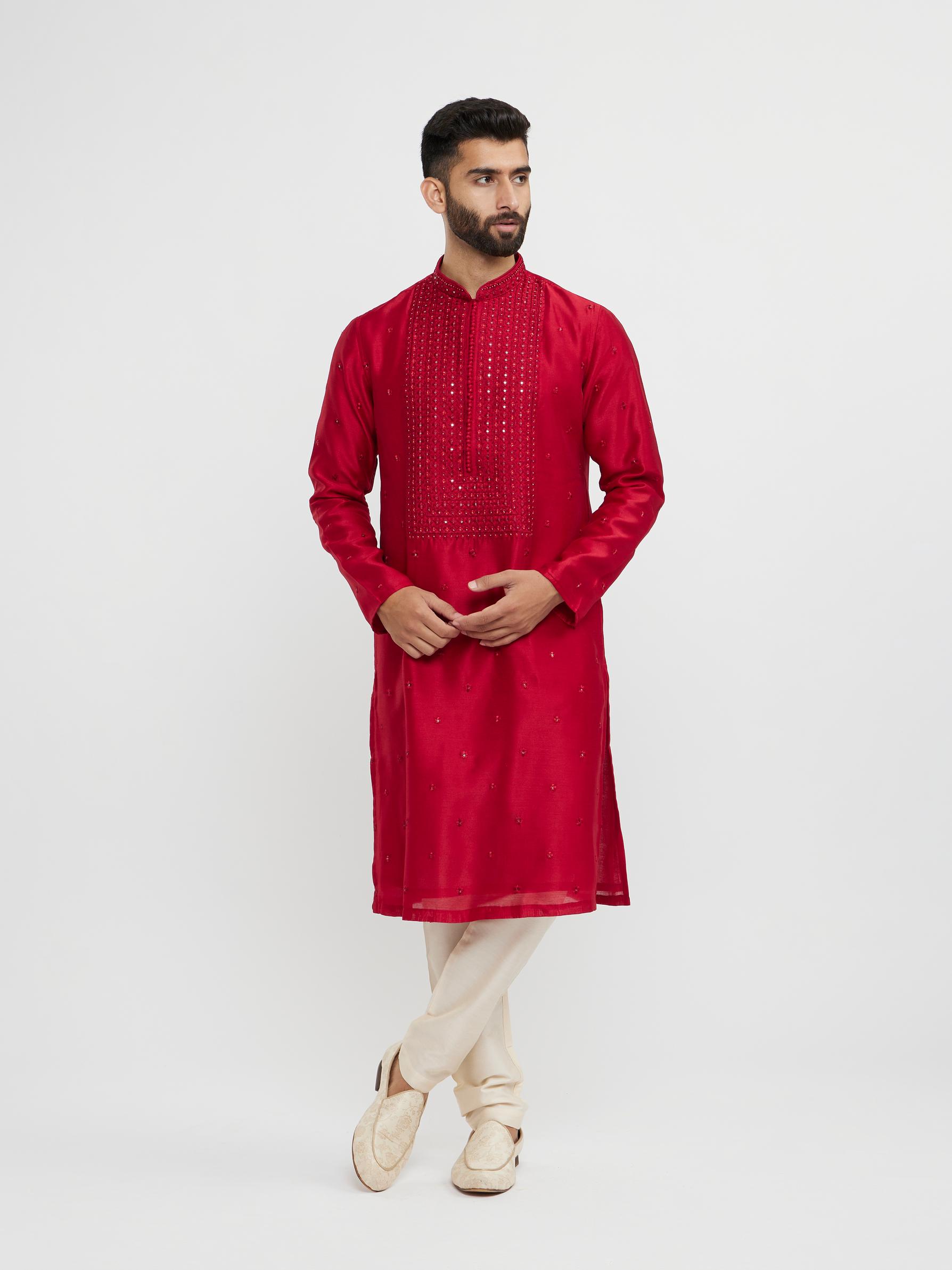 Twamev Men Twilight Gleam Red Kurta Pajama