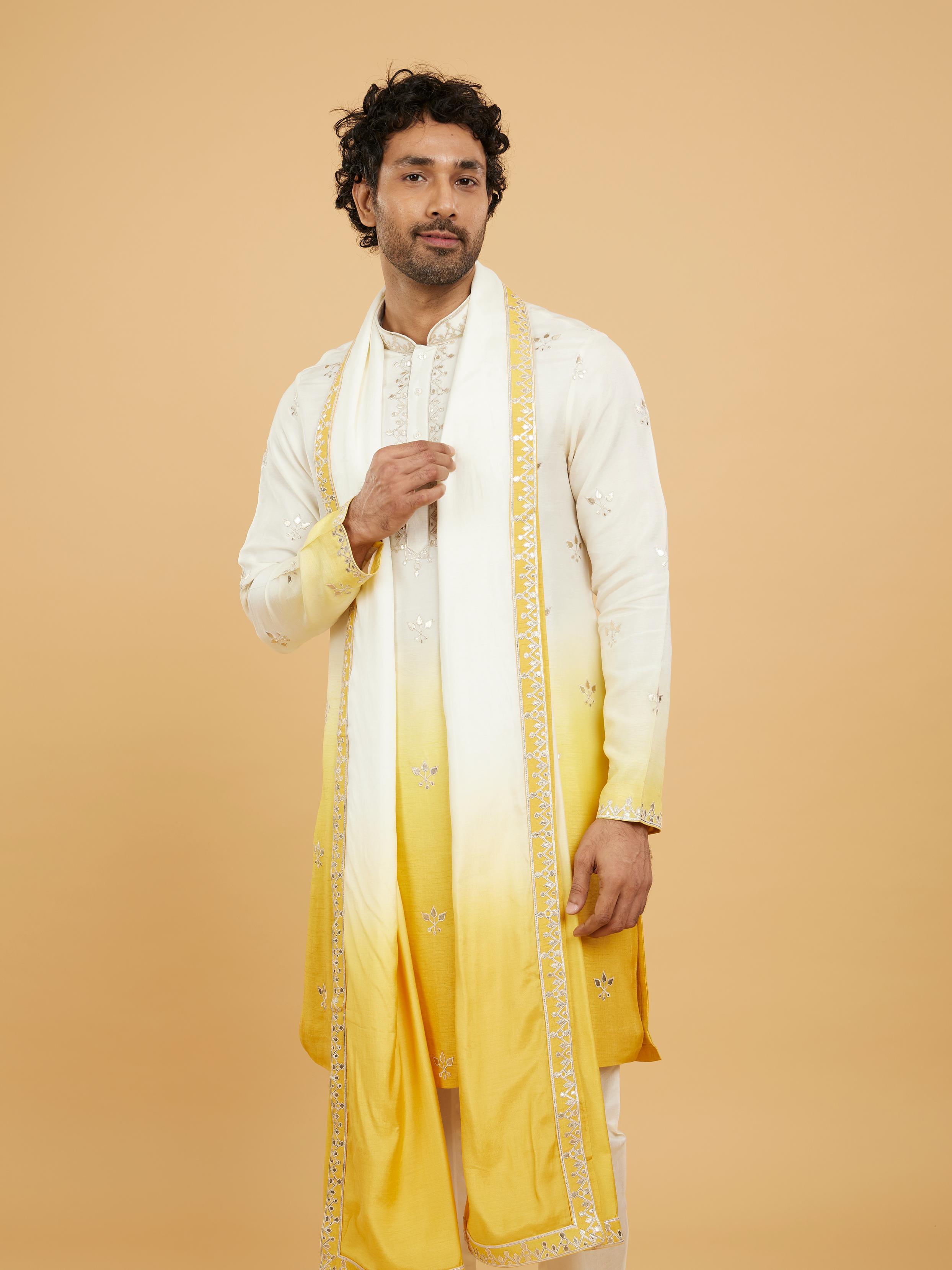 Twamev Men Twirling Mustard and Cream Kurta Set with Dupatta