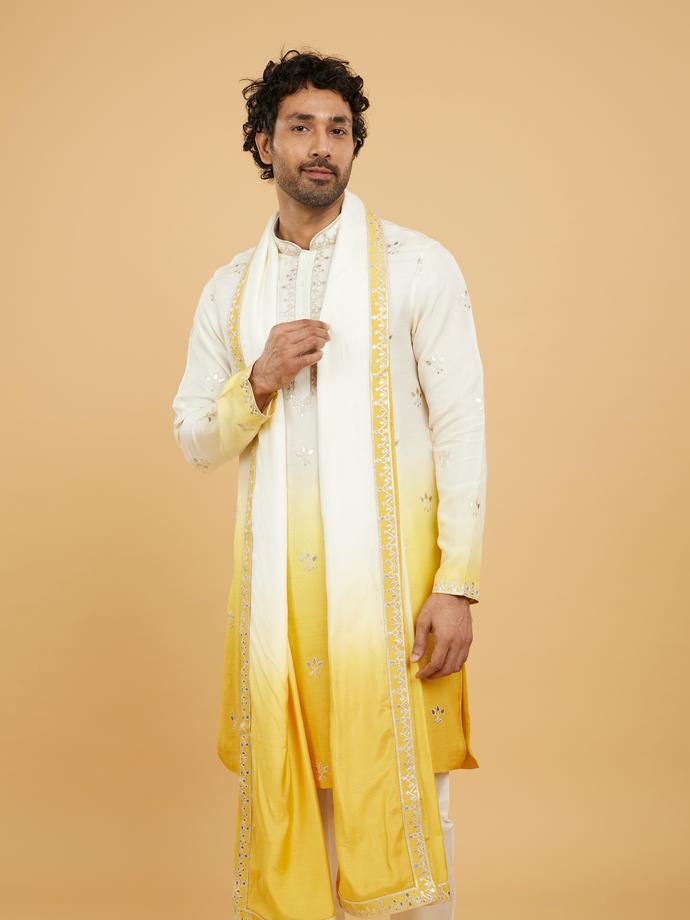 Twamev Men Twirling Mustard and Cream Kurta Set with Dupatta