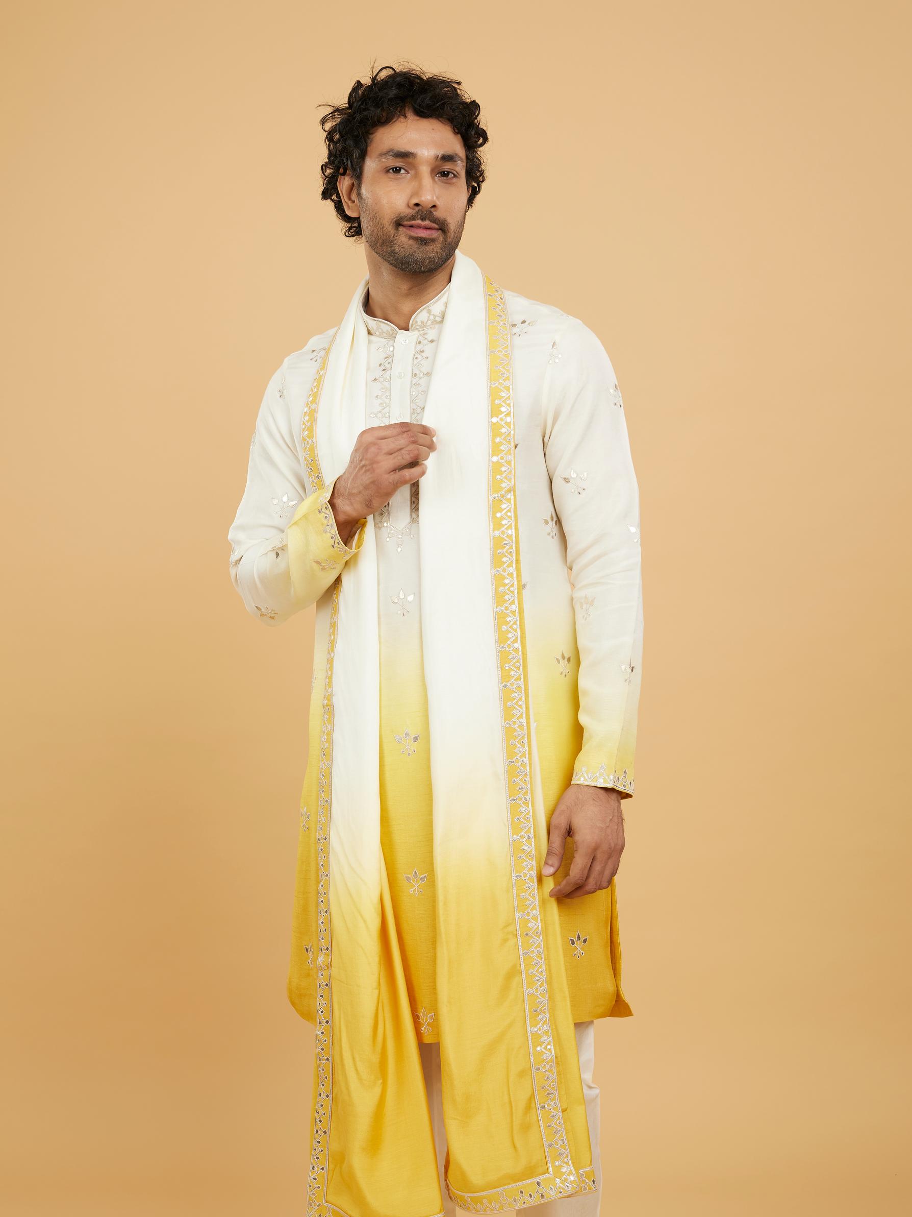 Twamev Men Twirling Mustard and Cream Kurta Set with Dupatta