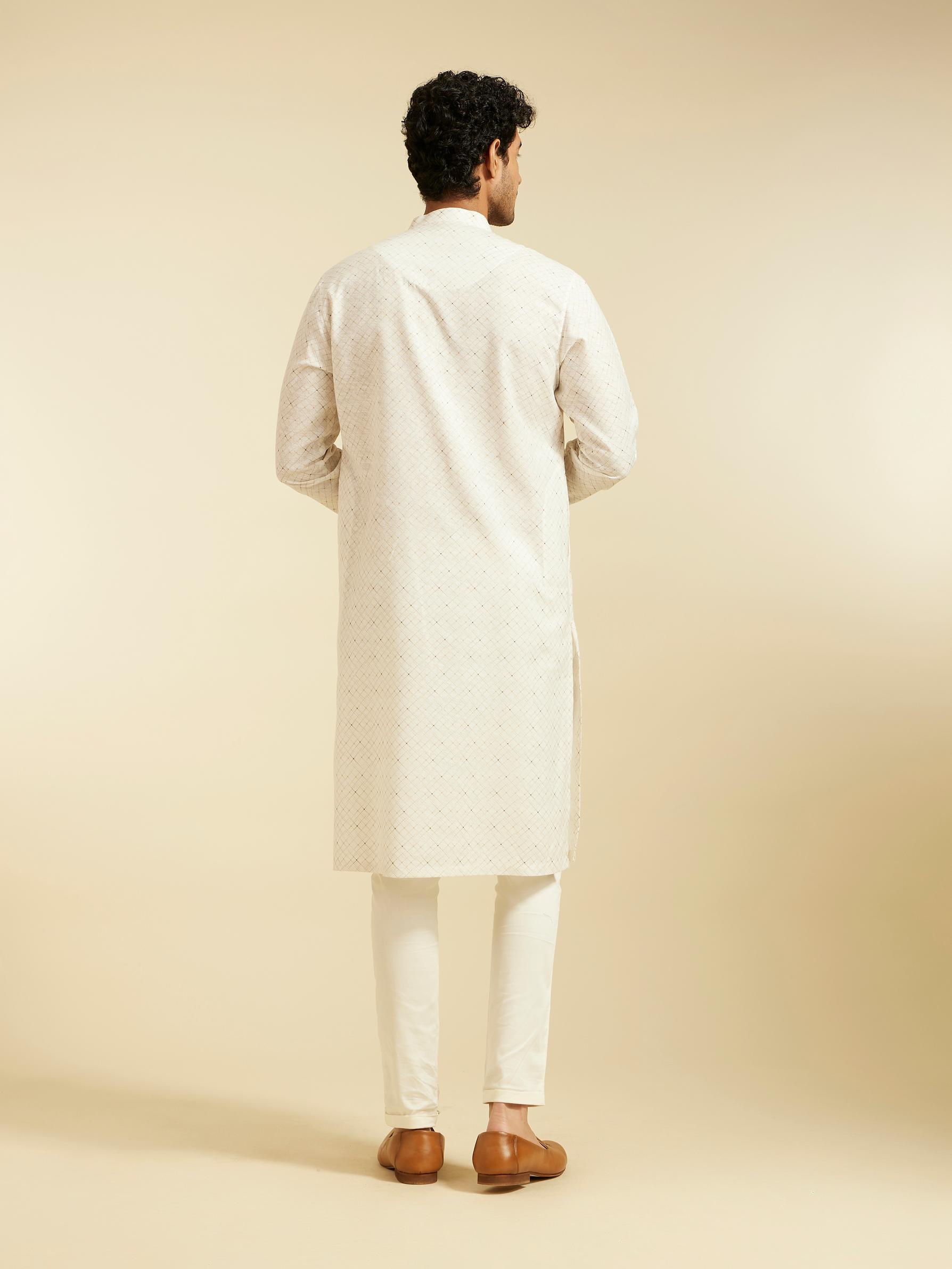 Diwas Men Warm White Lattice Printed Kurta