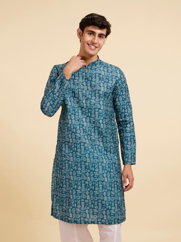 Diwas Men Teal Green Aztec Printed Kurta