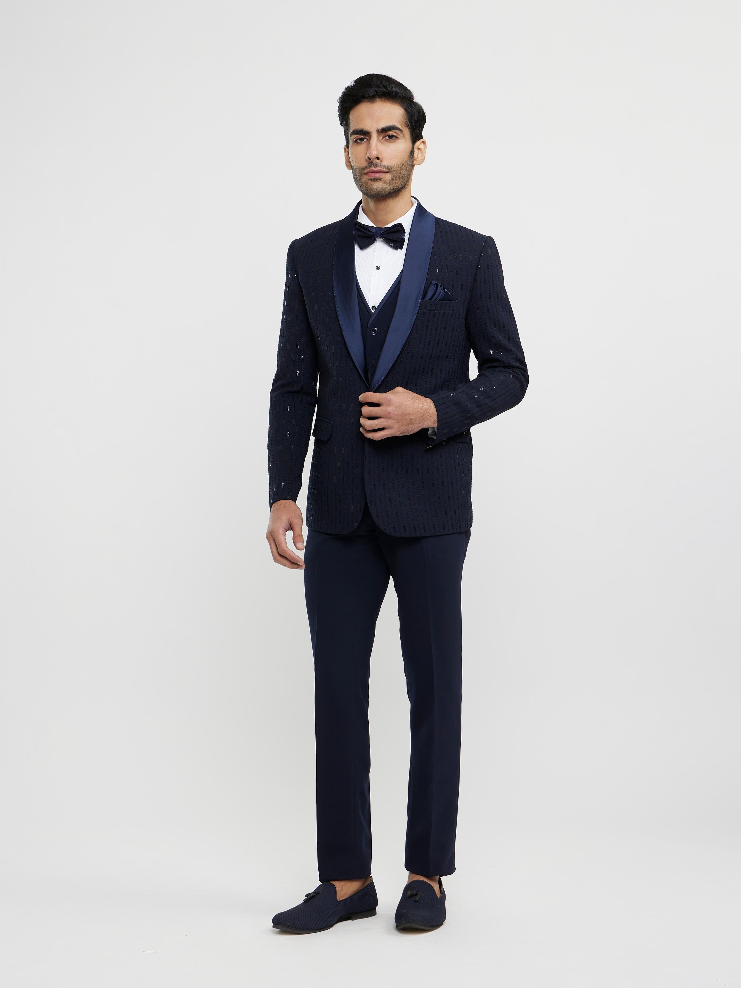Twamev Men Navy Blue Linear Patterned Sequinned Suit Set
