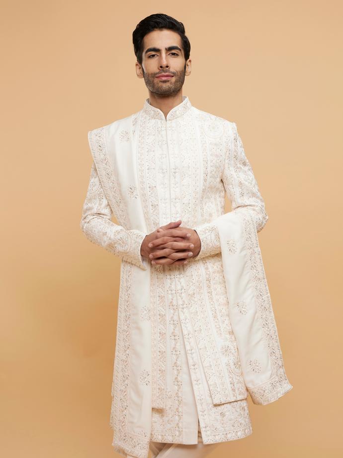 Twamev Men Elegant White Velvet Sherwani