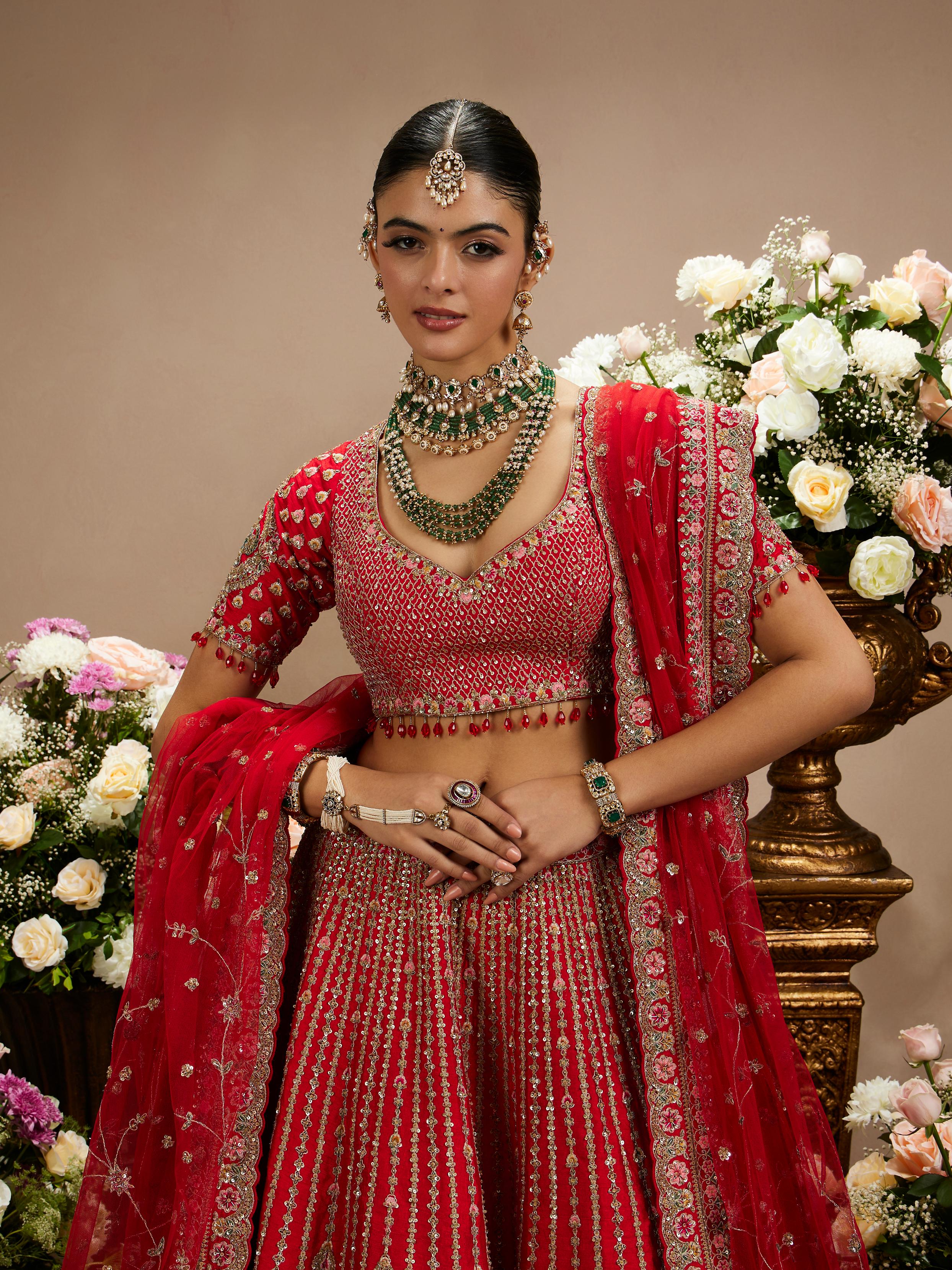 Twamev Women Rani Red Linear Patterned Lehenga with Floral Buta Motifs And Bel Buti Borders