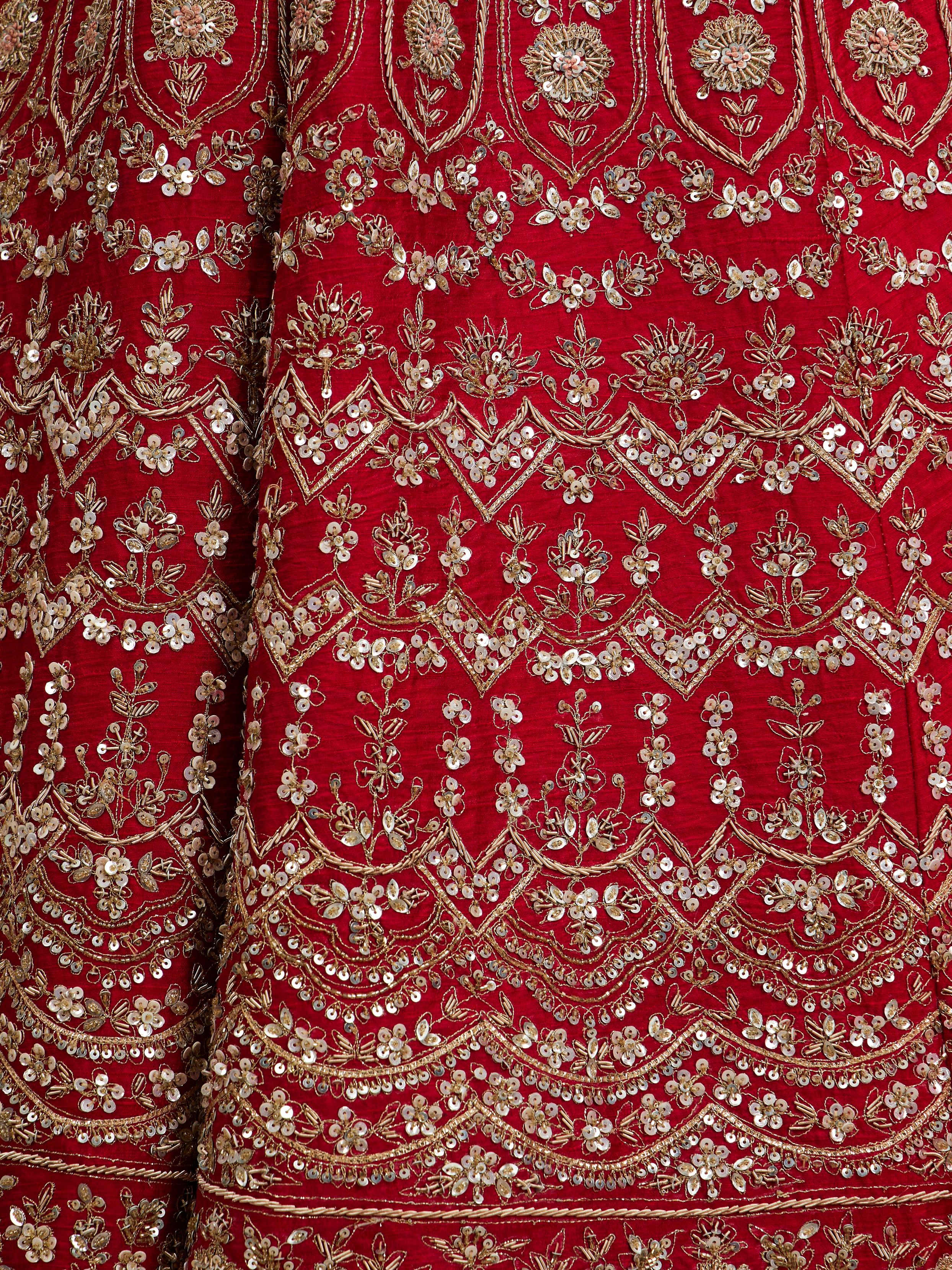 Twamev Women Scarlet Red Jaal Patterned Lehenga with Floral Motifs, Scalloped And Bel Buti Borders