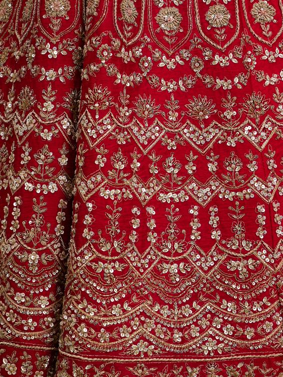 Twamev Women Scarlet Red Jaal Patterned Lehenga with Floral Motifs, Scalloped And Bel Buti Borders