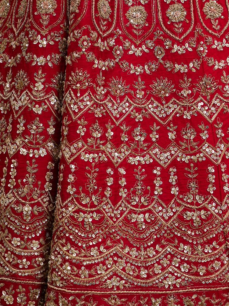 Twamev Women Scarlet Red Jaal Patterned Lehenga with Floral Motifs, Scalloped And Bel Buti Borders
