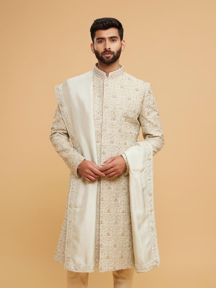 Twamev Men Pista Green Brocade Masterpiece Sherwani