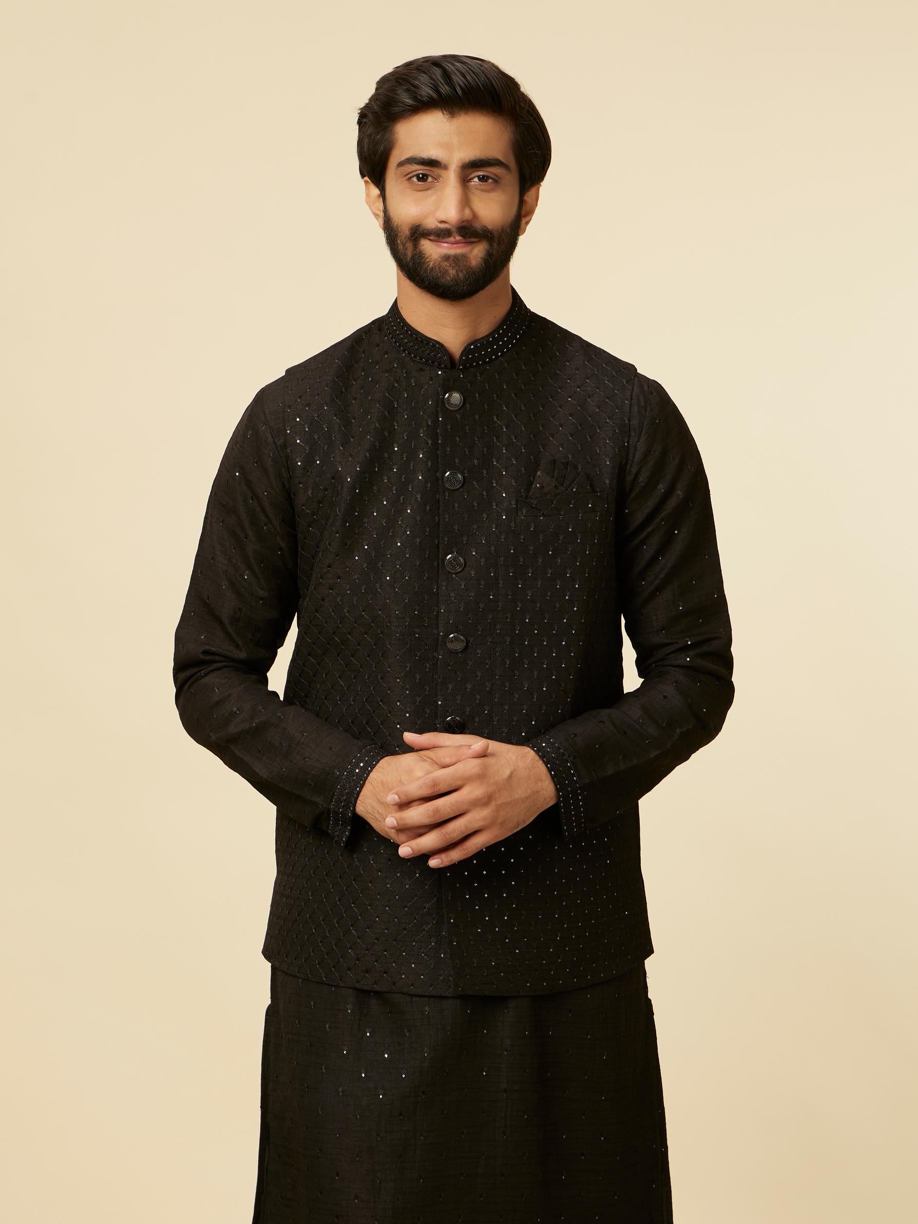 Twamev Men Classic Black Sequinned Kurta Jacket Set