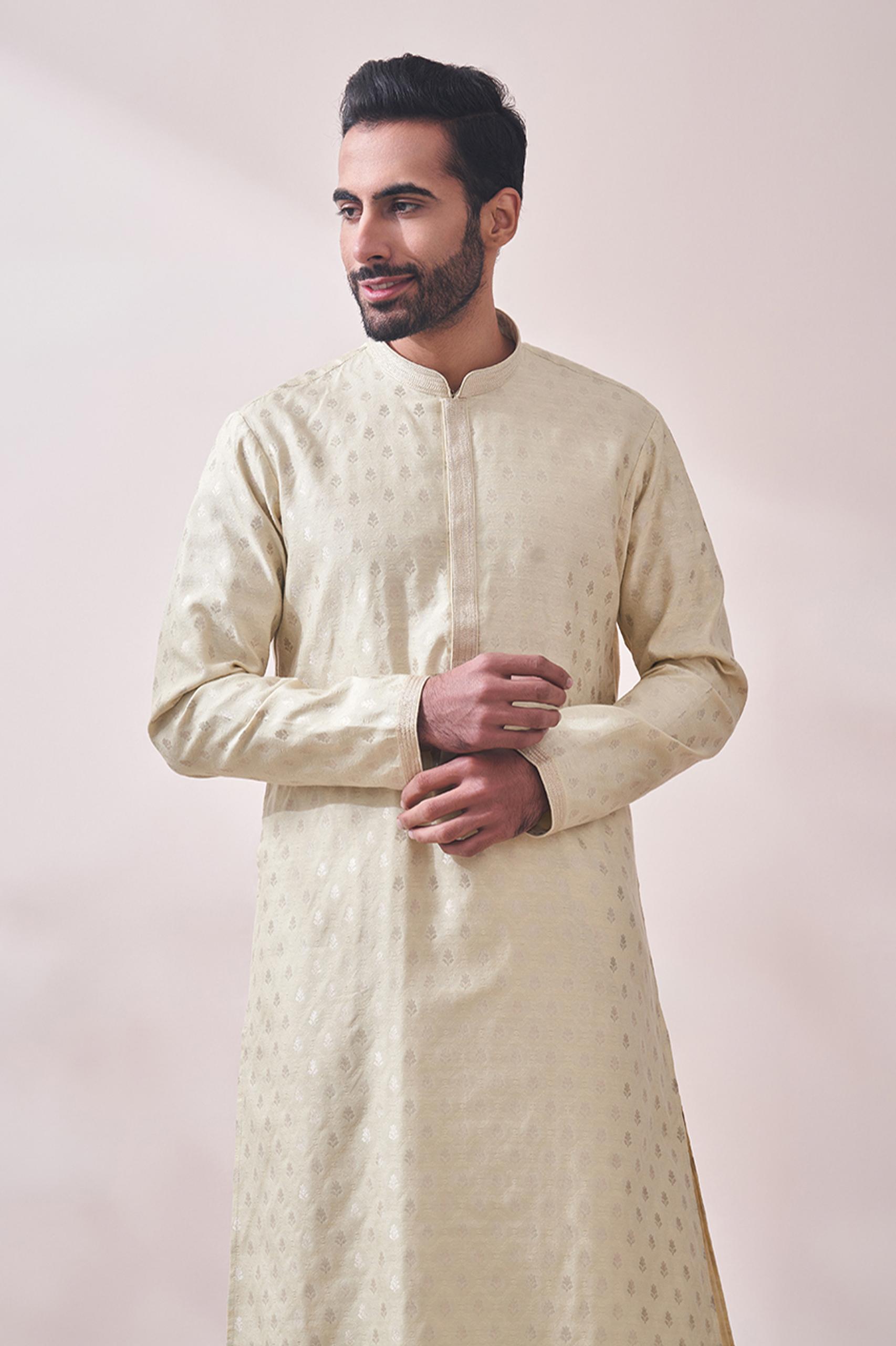 Twamev Men Vanilla Cream Jacquard Kurta Set