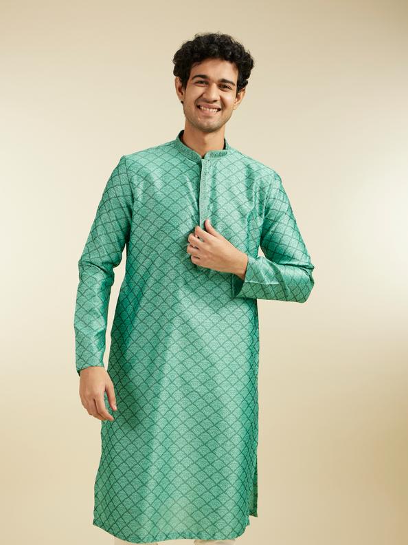 Diwas Men Soft Green Jaal Patterned Kurta