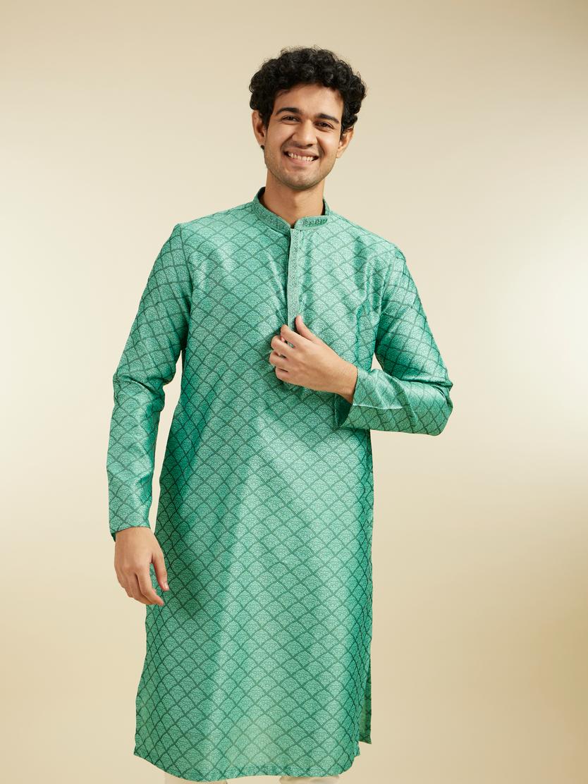Diwas Men Soft Green Jaal Patterned Kurta
