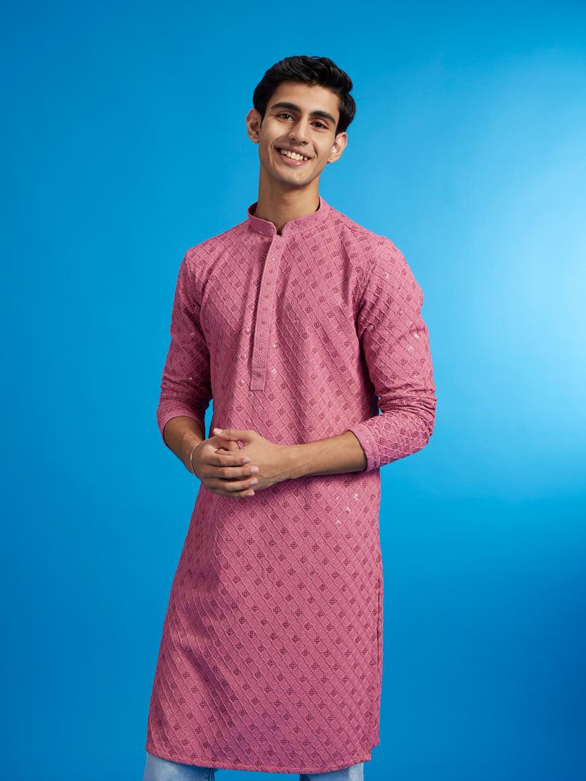 Diwas Men Dusty Pink Chikankari Kurta With Sequins