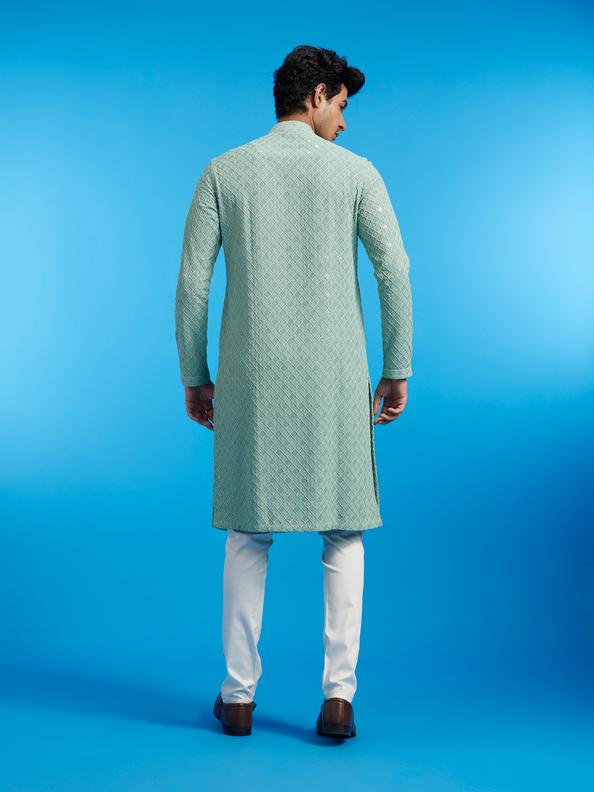 Diwas Men Soft Green Chikankari Kurta With Sequins