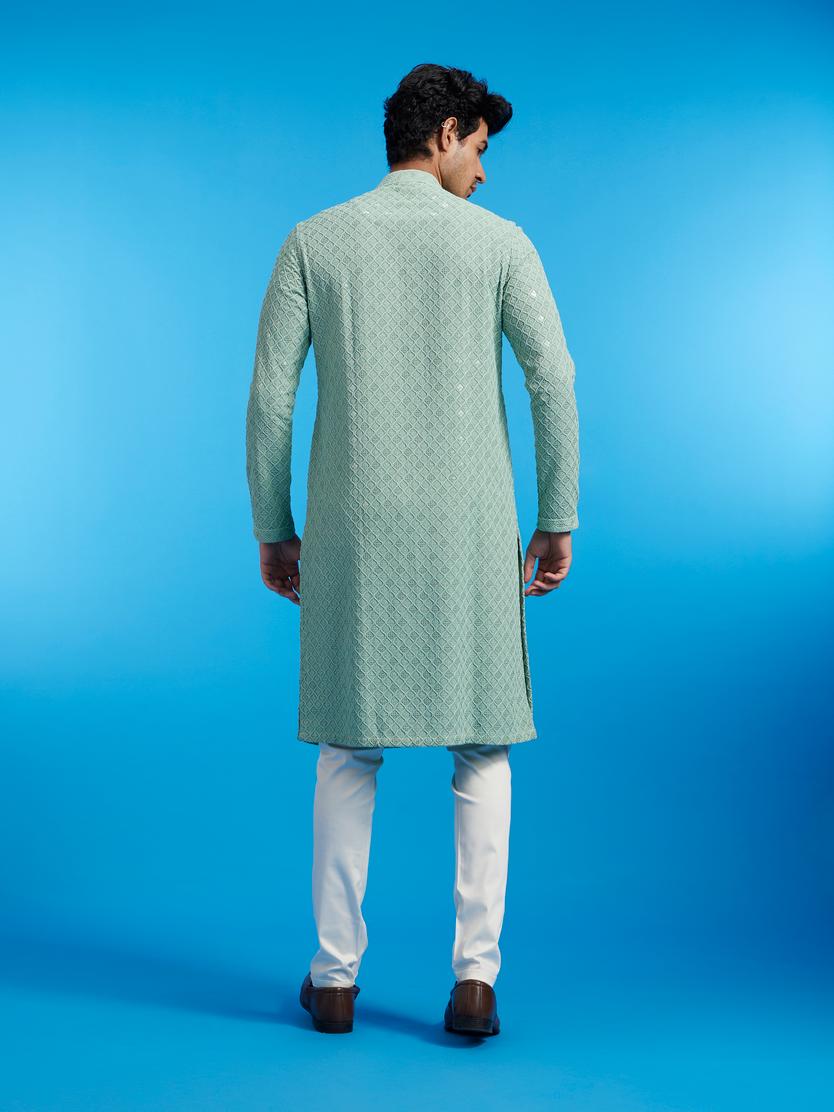 Diwas Men Soft Green Chikankari Kurta With Sequins