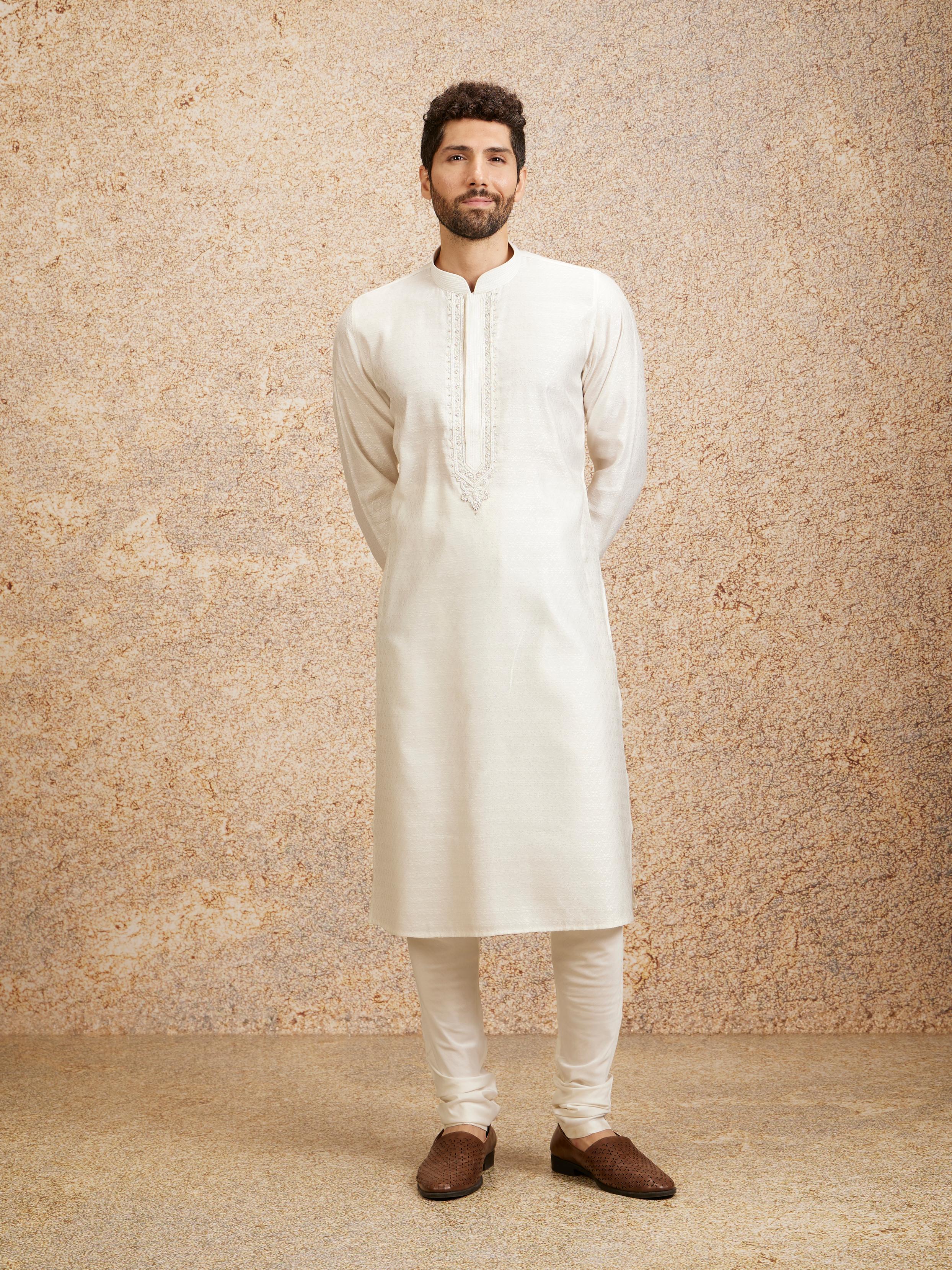 Twamev Men Embellished Warm White Kurta Pajama